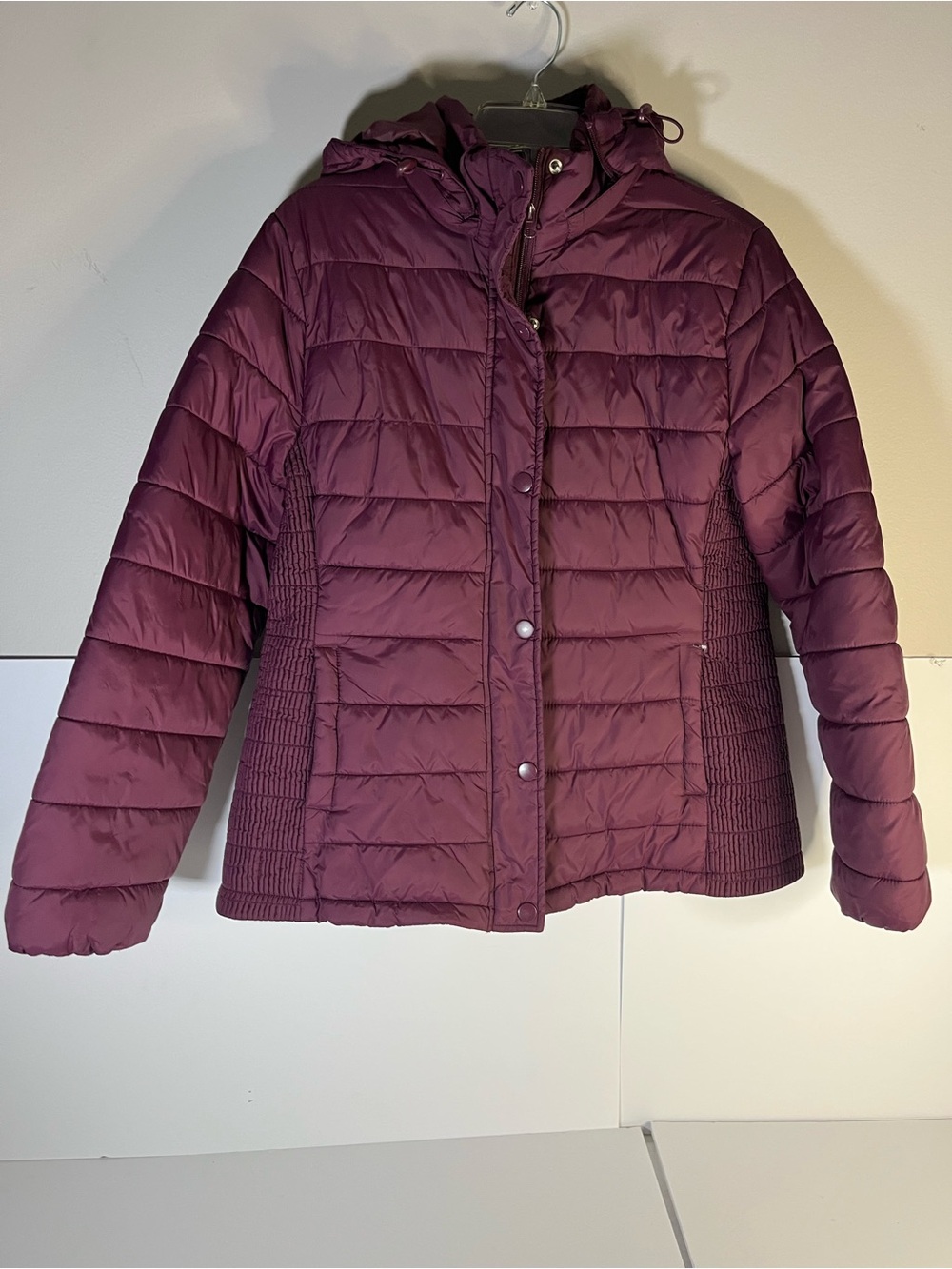 Time and Tru Quilted Hooded Puffer Jacket in Plum